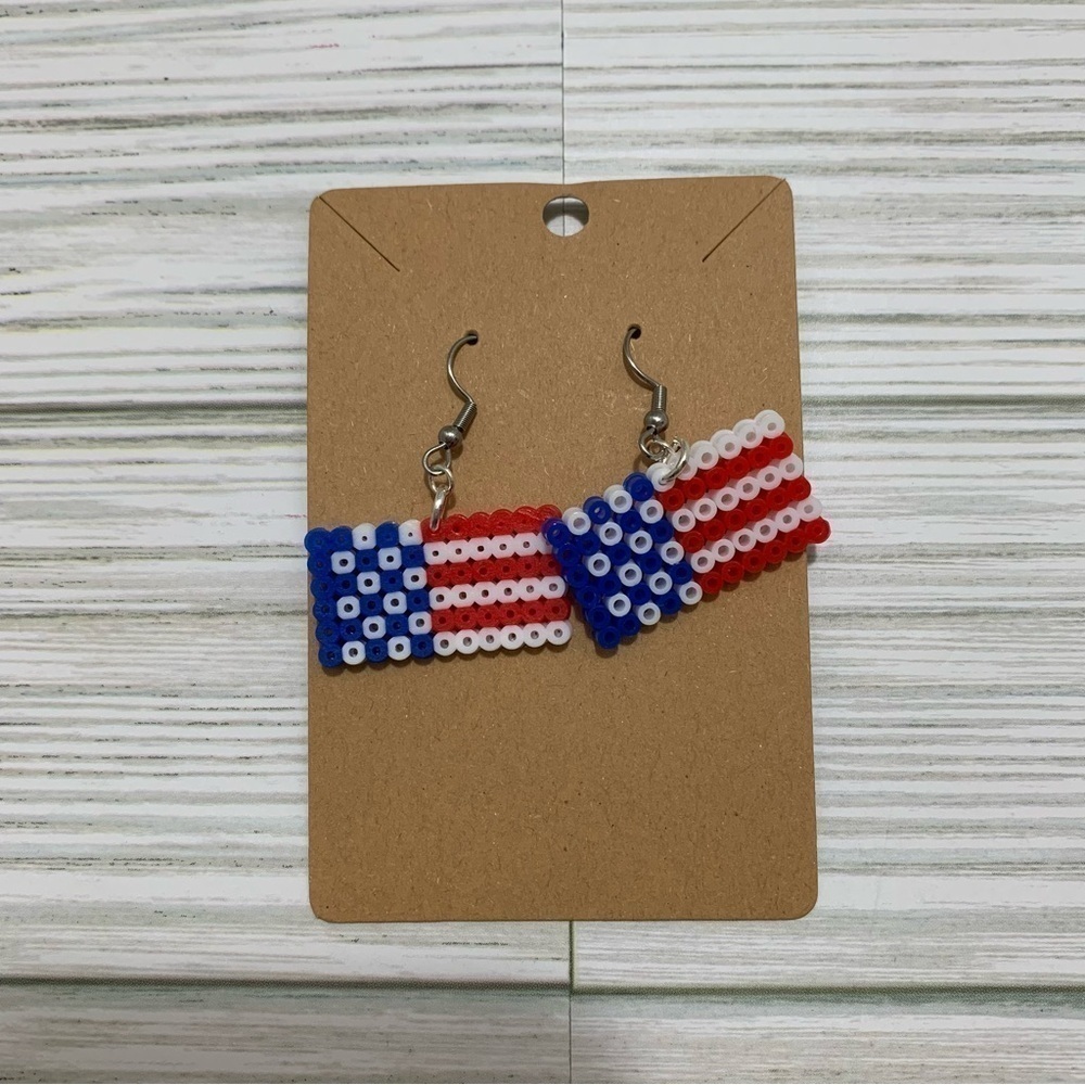 Handmade 4th of July American Flag Perler Bead Earrings, Novelty Earrings